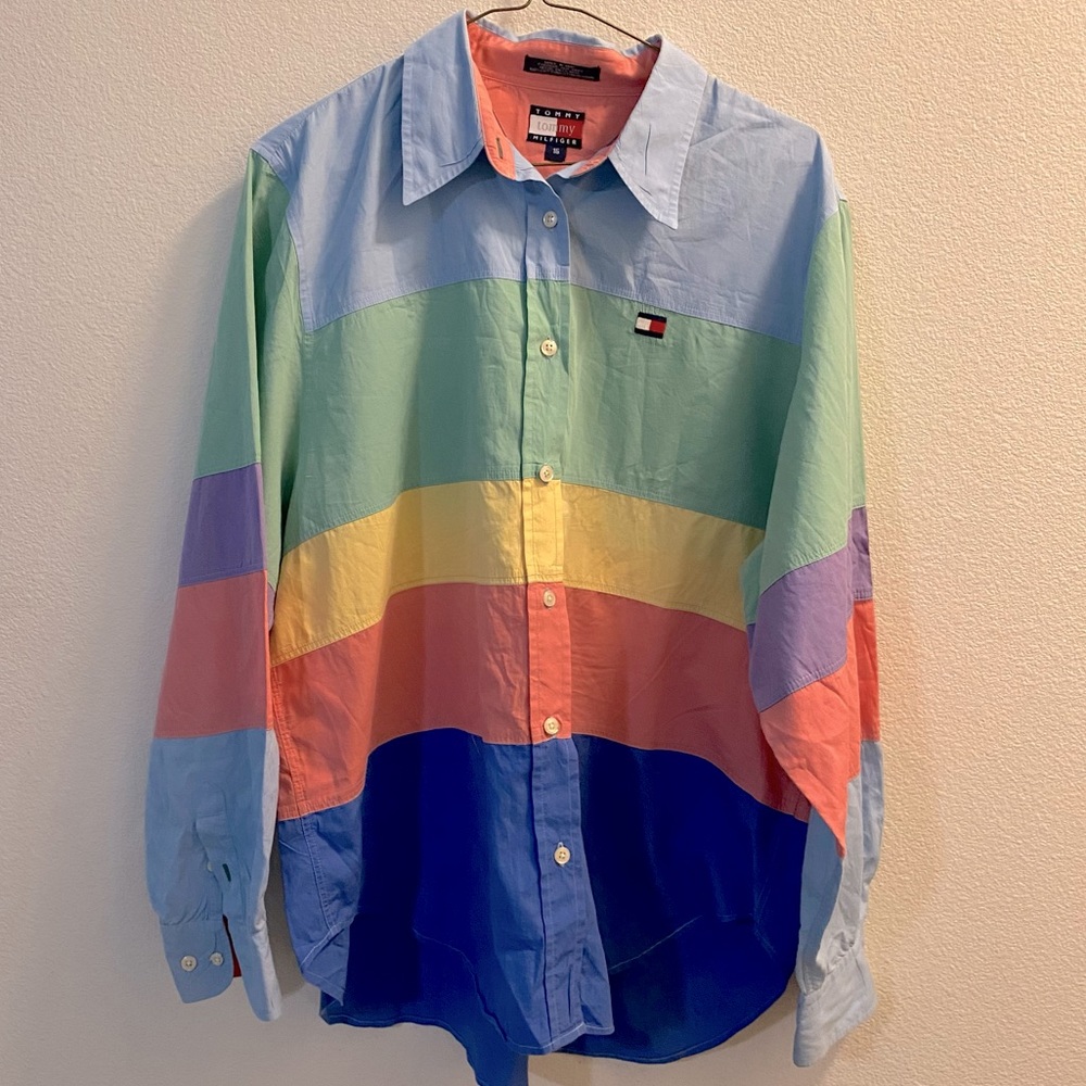 Vintage 90s Tommy Hilfiger color block pastel button down shirt size 16 large
